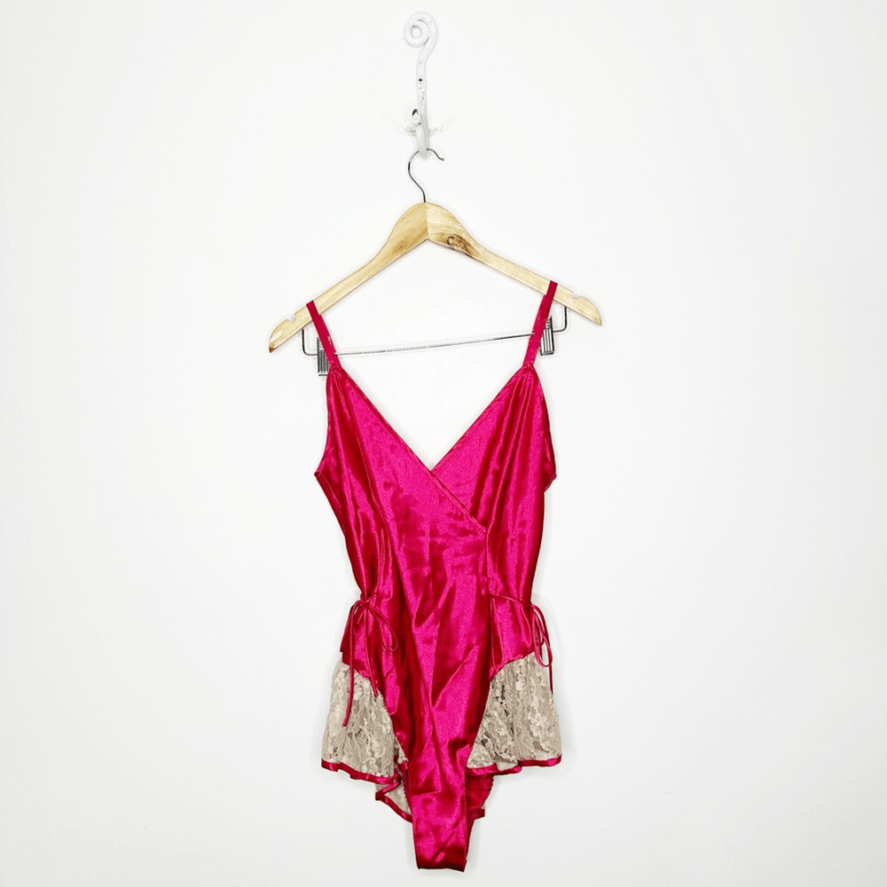 VTG 90s Victoria's Secret GOLD LABEL Skirted Teddy Pink Satin womens M medium